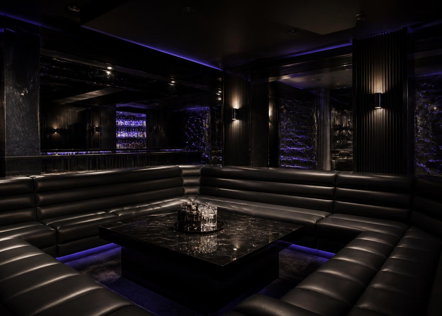 Dark luxury VIP lounge with leather booths and accent lighting